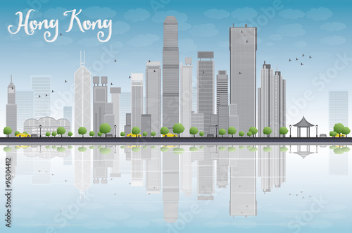 Hong Kong skyline with grey buildings and blue sky. Some elements have transparency mode different from normal