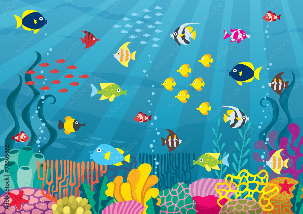 Naklejka premium Podwodny / Cartoon ilustracja podwodnego świata z koralowcami i rybami.