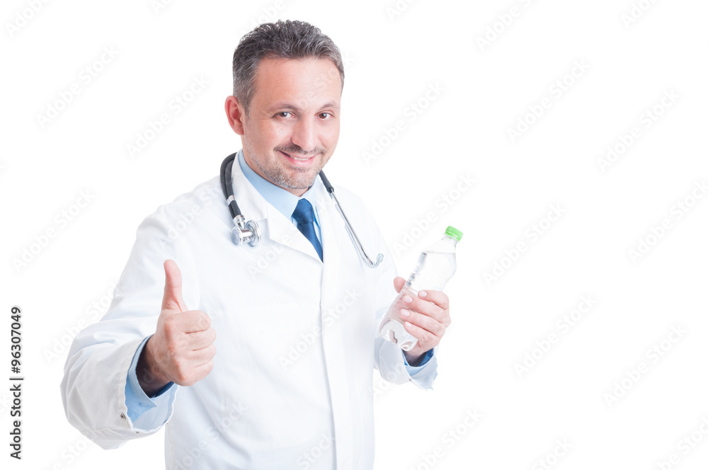 Nutritionist doctor holding bottle of water and showing like Nutritionist doctor holding bottle of water and showing like