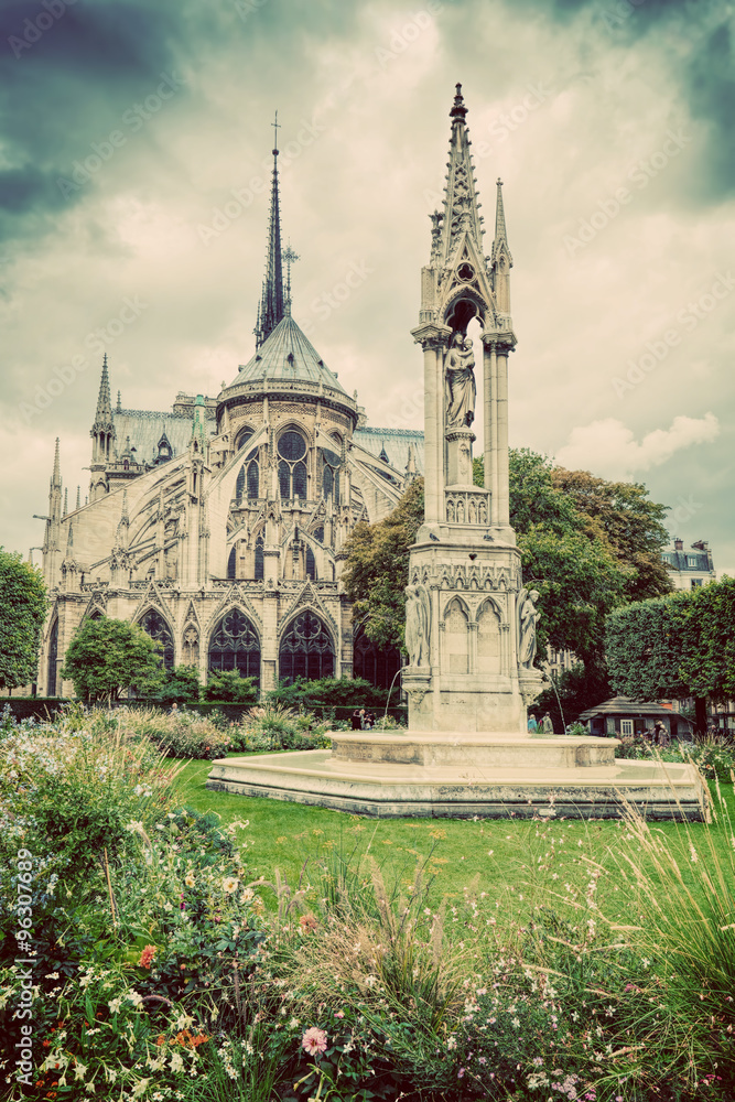 Notre Dame Cathedral in Paris, France. Square Jean XXIII. Vintage