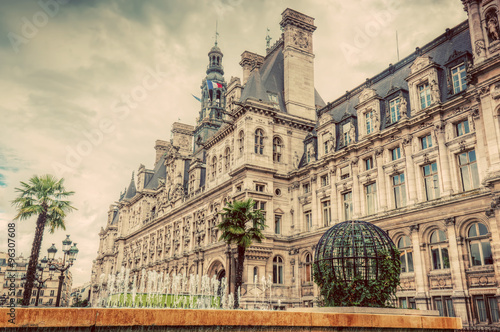 Hotel de Ville in Paris, France. City hall building. Vintage