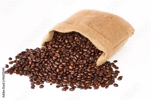 Coffee bag - coffee beans in canvas coffee sack isolated on white background