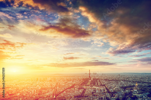 Paris, France skyline, panorama at sunset. Eiffel Tower, Champ de Mars