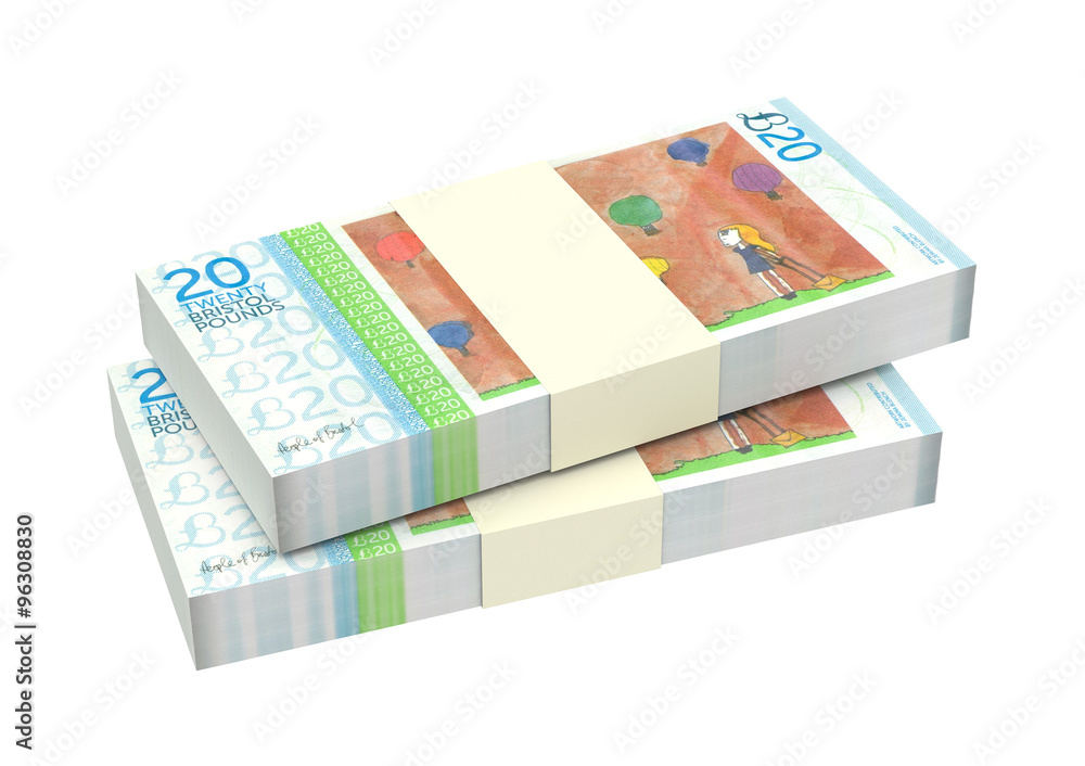 Bristol pound bills isolated on white background. Computer generated 3D photo rendering.