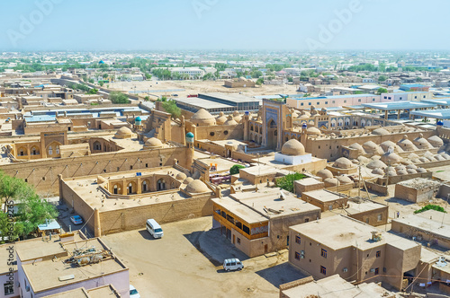 The aerial view of the medieval cemetery and  Pahlavon Mahmud Mausoleum from Islam Khoja Minaret, Uzbekistan. photo