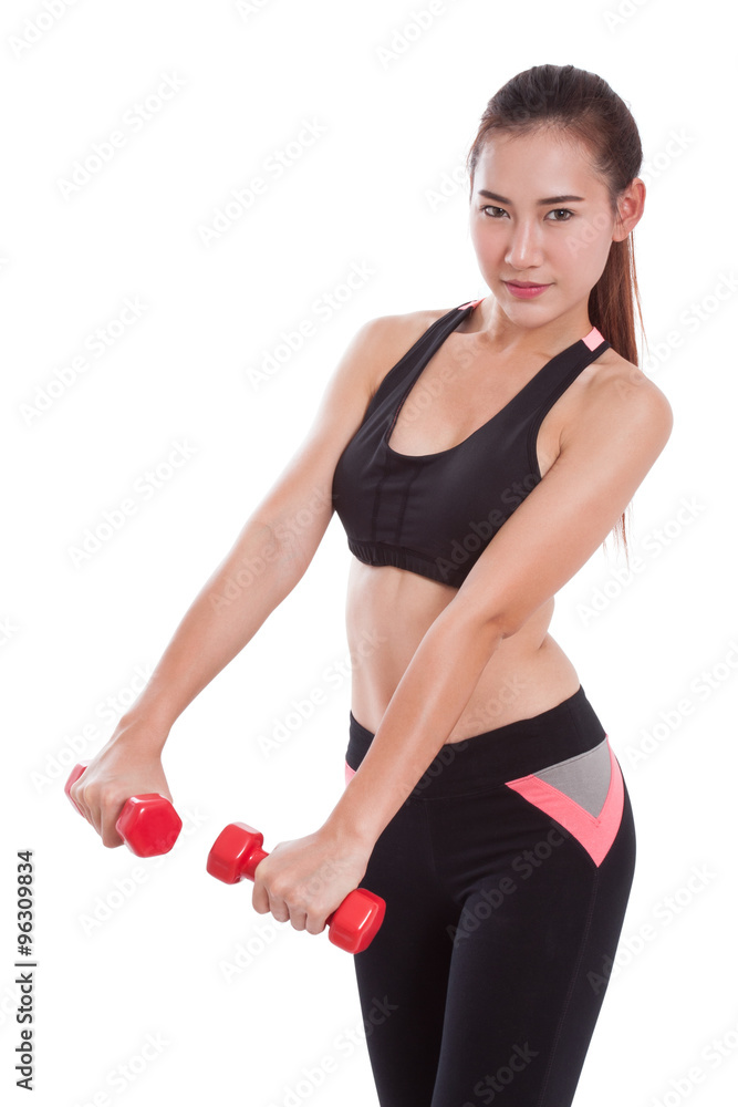 Portrait of young woman doing exercise with lifting weights Portrait of young woman doing exercise with lifting weights