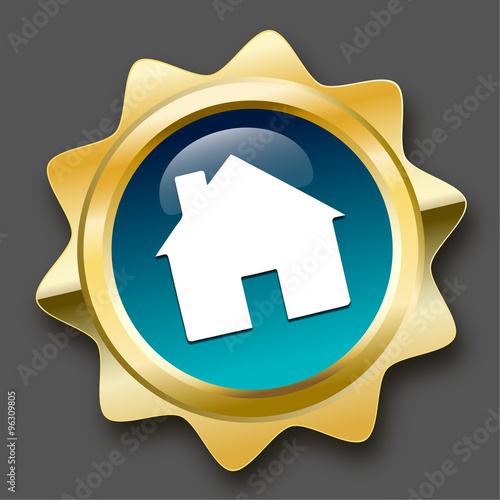 Real estate seal or icon with house symbol. Glossy golden seal or button with turquoise color.