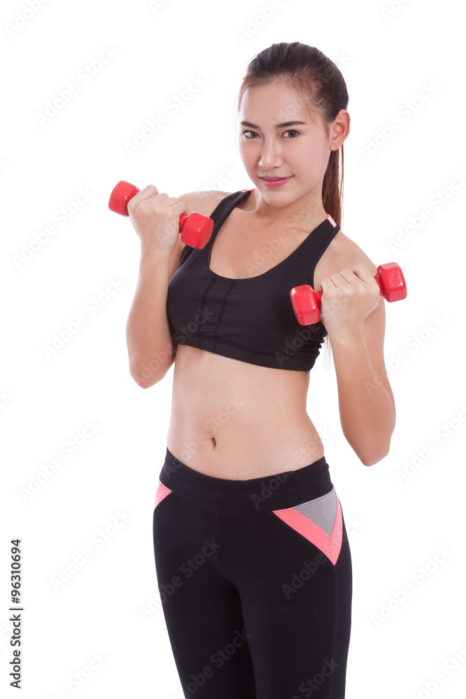 Portrait of young woman doing exercise with lifting weights Portrait of young woman doing exercise with lifting weights