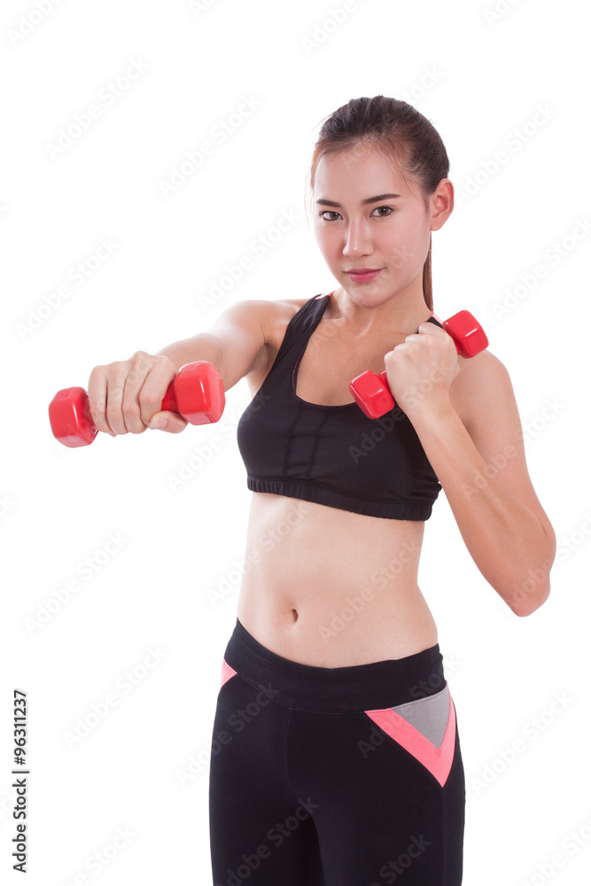 Portrait of young woman doing exercise with lifting weights Portrait of young woman doing exercise with lifting weights