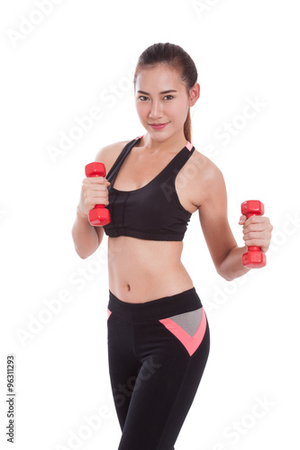 Portrait of young woman doing exercise with lifting weights