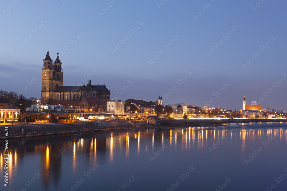 Magdeburg night skyline with cathedral