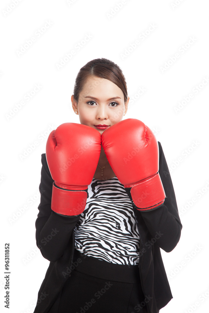 Young Asian business woman with red boxing gloves Young Asian business woman with red boxing gloves