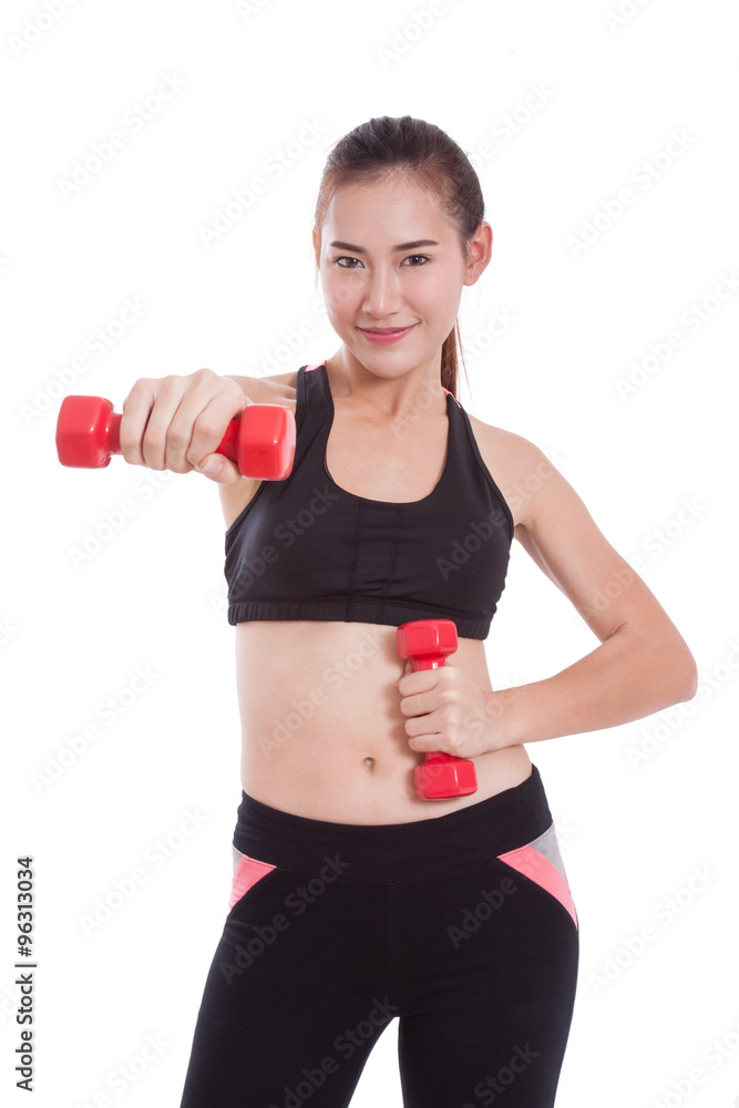 Portrait of young woman doing exercise with lifting weights Portrait of young woman doing exercise with lifting weights