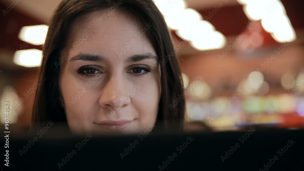 woman using tablet computer touchscreen in cafe woman using tablet computer touchscreen in cafe