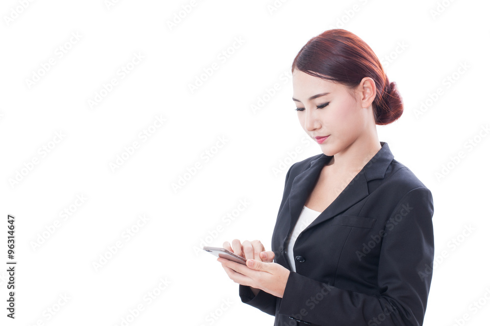 Portrait of young business woman using a mobile phone on white background Portrait of young business woman using a mobile phone on white background