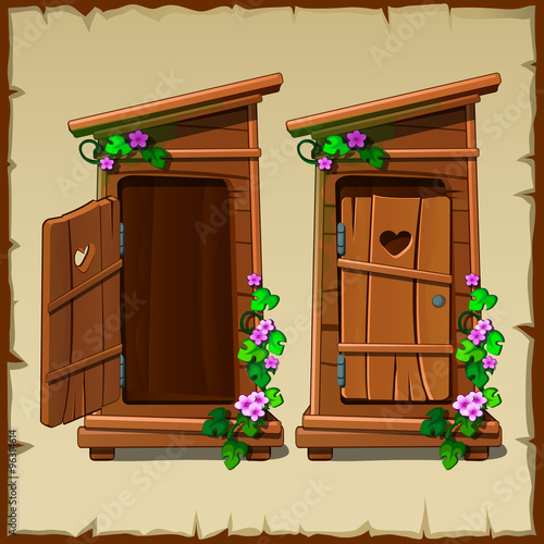 Image set of the rural toilet, two objects with open and closed door