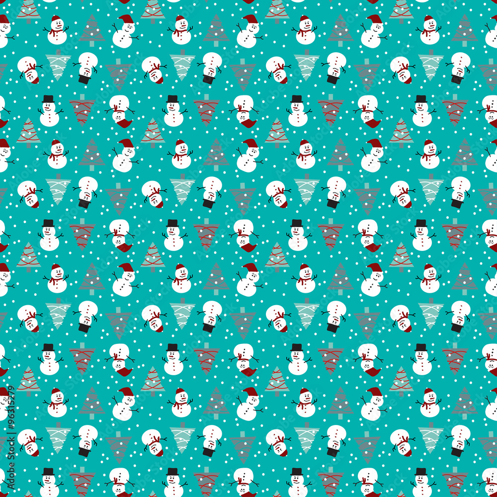 A snowman seamless pattern in red, blue, turquoise and white background for Christmas holiday.