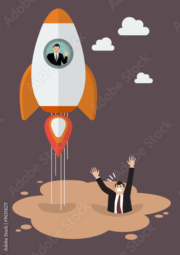 Businessman on a rocket get away from puddle of quicksand