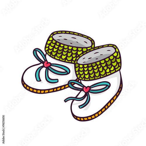 Baby booties, bright vector children illustration of infant knitted shoes isolated on white