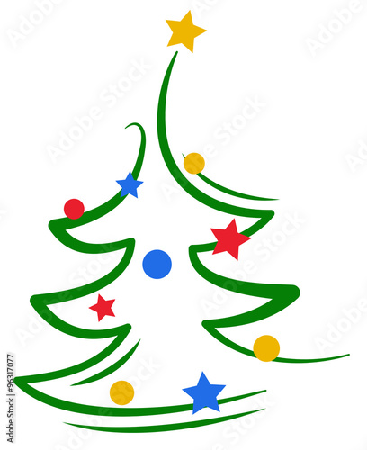 green christmas tree with golden red blue stars balls