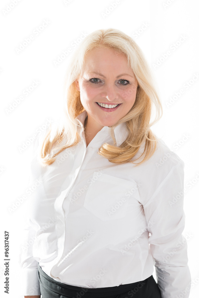 Hostess Standing Against White Background Hostess Standing Against White Background