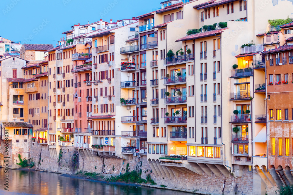 Florence. Ancient houses on the waterfront.