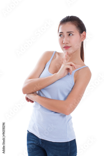 Beautiful young woman thinking on white background