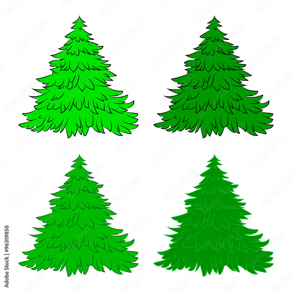 Fototapeta premium Christmas tree set, cartoon design for card, icon, symbol. Winter vector illustration isolated on white background.
