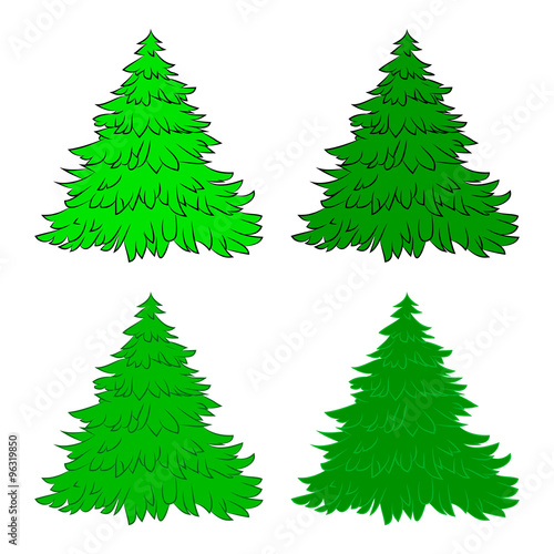 Christmas tree set, cartoon design for card,  icon, symbol. Winter vector illustration isolated on white background.