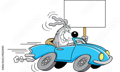 Cartoon illustration of a dog driving a car and holding a sign.