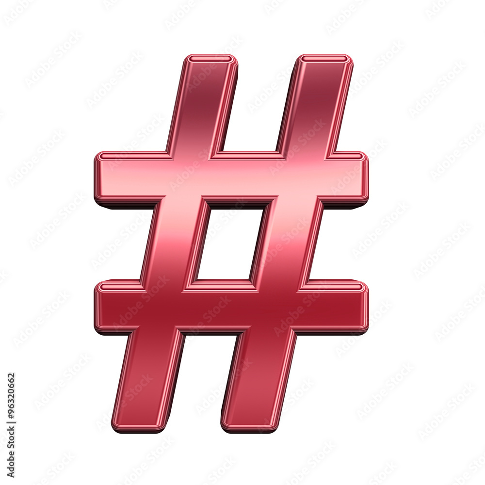 Obraz premium Number mark from shiny red alphabet set, isolated on white. Computer generated 3D photo rendering.