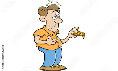 Cartoon illustration of a man over eating pizza.