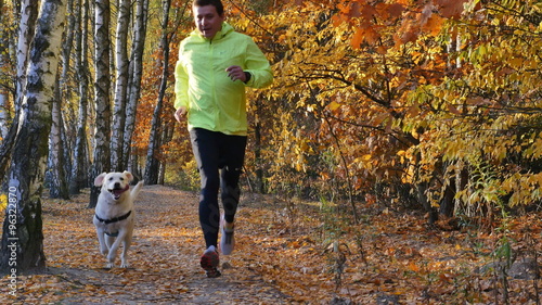 Man running the autumn forest with the dog Labrador