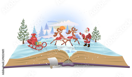 Open book Santa Claus with sledge and deers