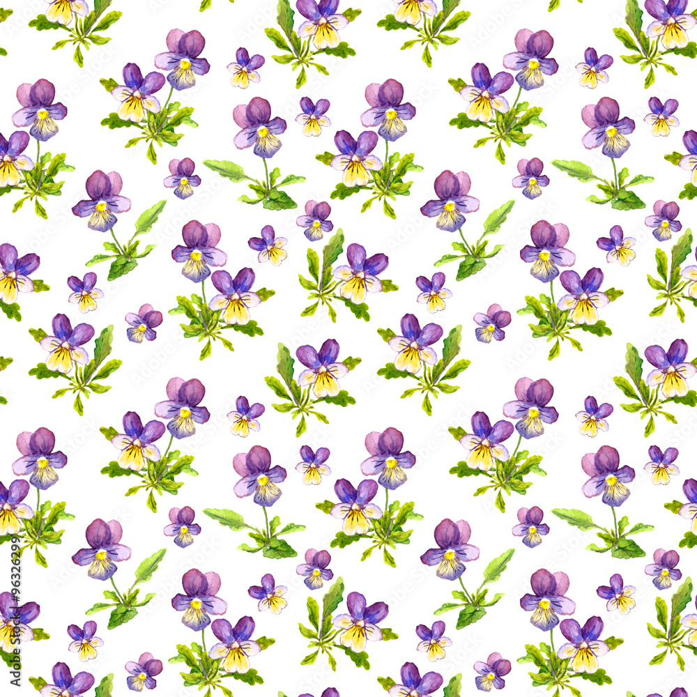 Seamless repeated background with watercolor violet viola pansy flowers Seamless repeated background with watercolor violet viola pansy flowers