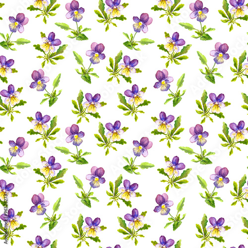 Seamless vintage pattern with retro botanical violet viola flowers 