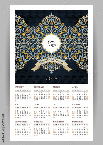 Vector Calendar for 2016 with illustration in Eastern Style.