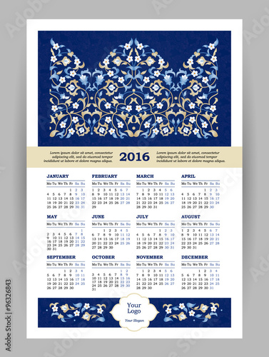 Vector Calendar for 2016 with illustration in Eastern Style.