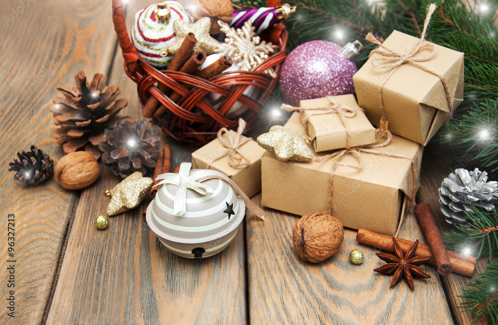 basket with christmas baubles