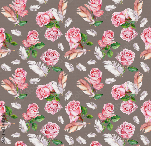 Fototapeta Naklejka Na Ścianę i Meble -  Seamless floral pattern with pink rose flowers and feathers. Watercolor 