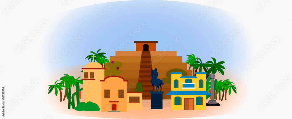 View of ancient temple in Latin America / City with the Catholic Church, a house, a monument overlooking the ancient temple of the Incas View of ancient temple in Latin America / City with the Catholic Church, a house, a monument overlooking the ancient temple of the Incas