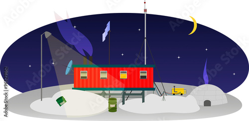 Polar station in Antarctica / Research Station at the South Pole on a dark night in the light of the stars and the moon