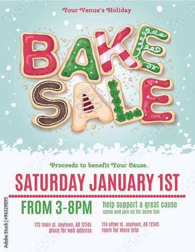 Christmas holiday bake sale flyer template with hand drawn cookie letters