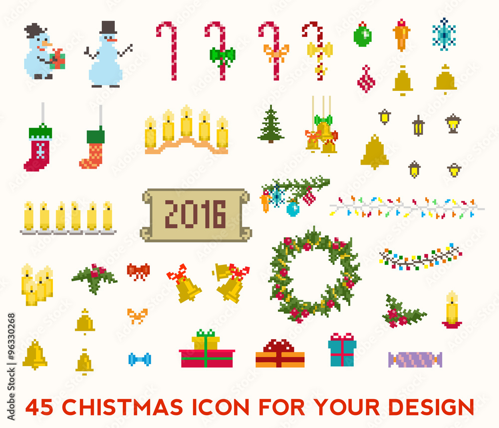 Christmas pixel icons set. 
