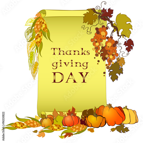 Thanksgiving day banner with scroll, turkey, pumpkin and corn