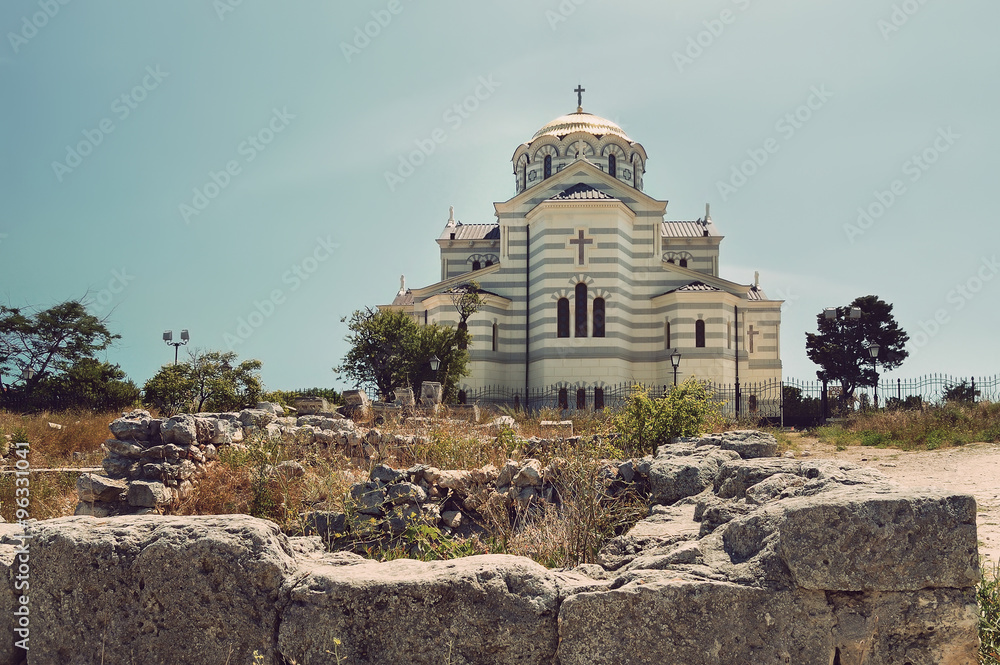 view of Vladimir Cathedral in Tauric Chersonesos, Sevastopol city, Crimea