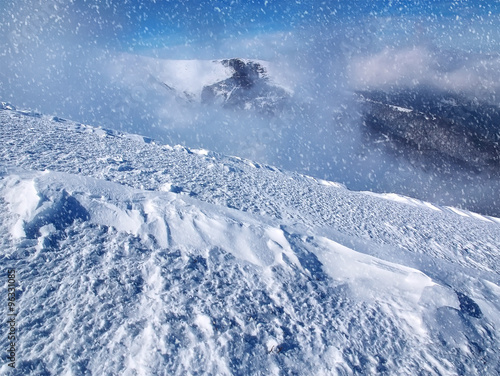 Beautiful winter landscape with falling snow.