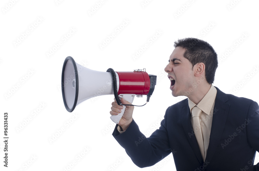 Man dressed in suit and tie shouting through megaphone. Man dressed in suit and tie shouting through megaphone.