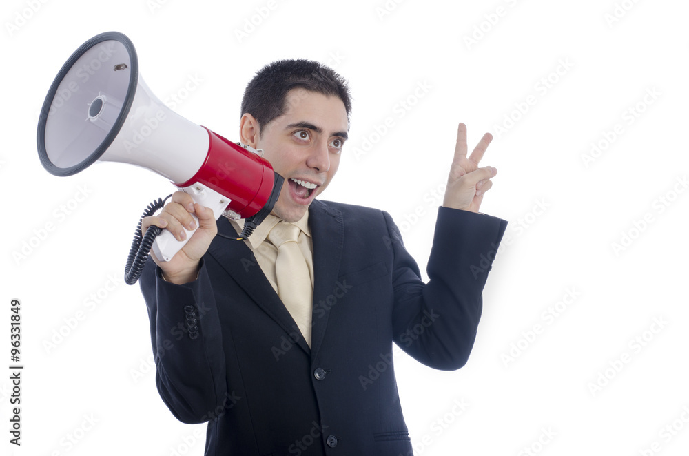 Man dressed in suit and tie shouting through megaphone. Man dressed in suit and tie shouting through megaphone.