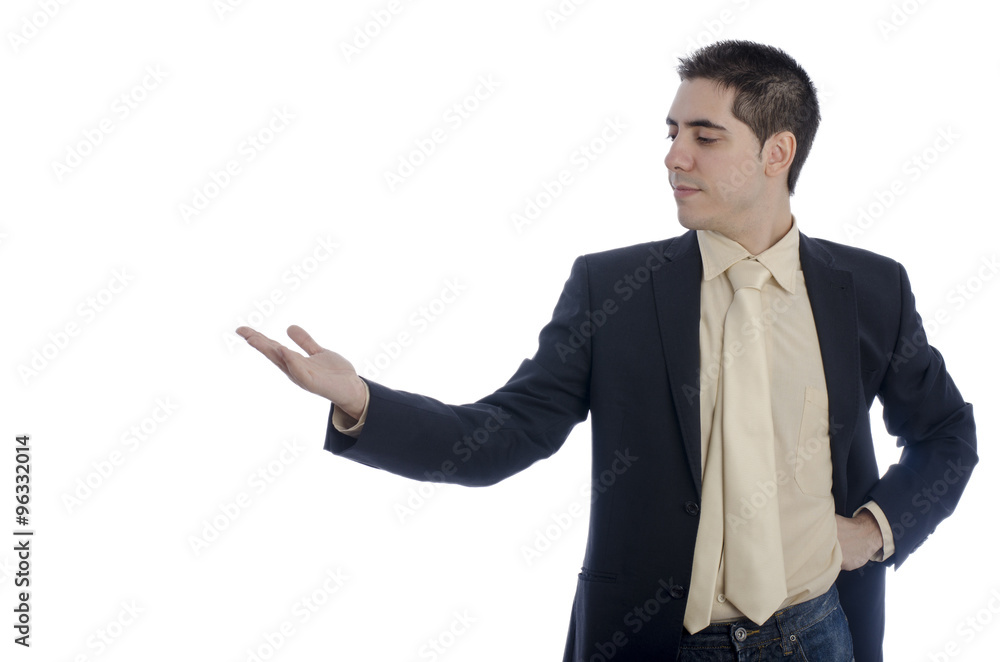 Man in business showing something with his right hand . Man in business showing something with his right hand .